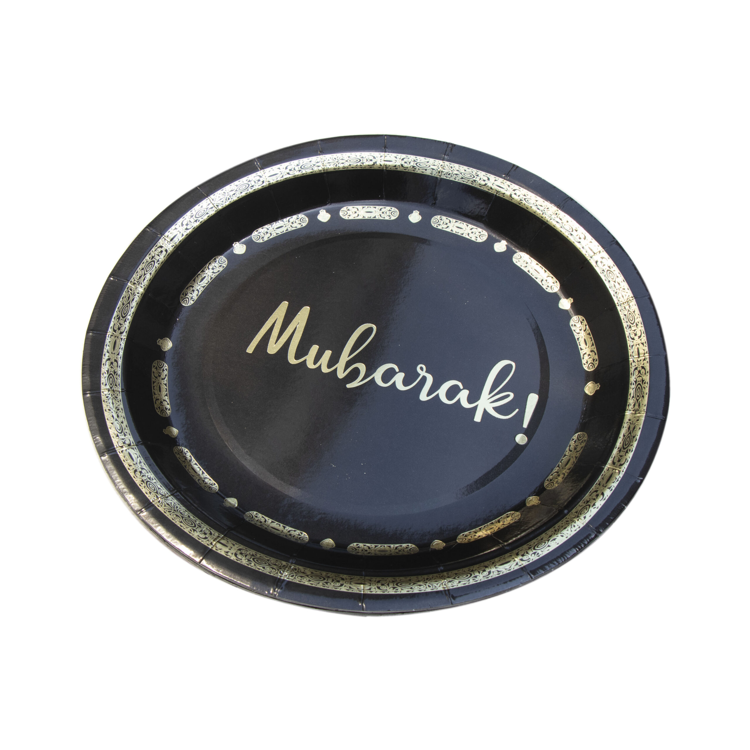 Mubarak black with gold trim plate BLACK AND GOLD TRIM MUBARAK PLATES (100 PCS) - Image 1